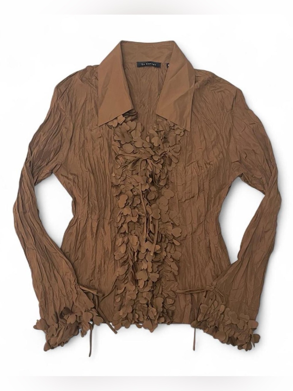 Le Caviar Brown Crinkle Crepe Ruffle Button-Up Blouse Y2K Fairycore Cottagecore